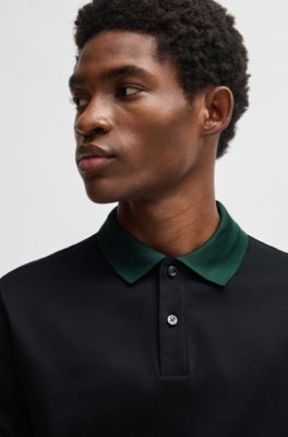 Polo slim fit de algod&oacute;n mercerizado con rayas en el cuello, Negro