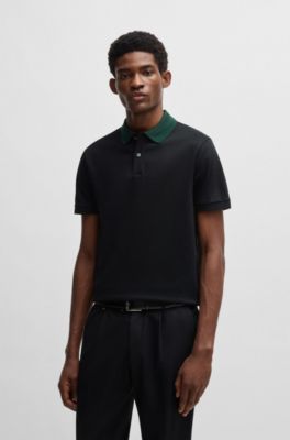 Polo slim fit de algod&oacute;n mercerizado con rayas en el cuello, Negro