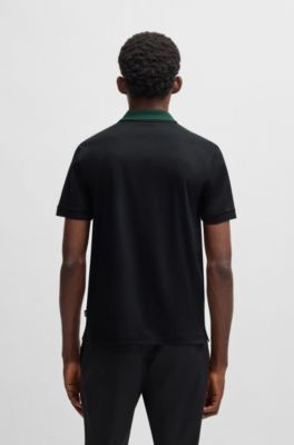 Polo slim fit de algod&oacute;n mercerizado con rayas en el cuello, Negro