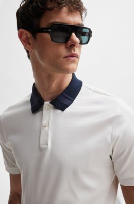 Polo slim fit de algod&oacute;n mercerizado con rayas en el cuello, Blanco