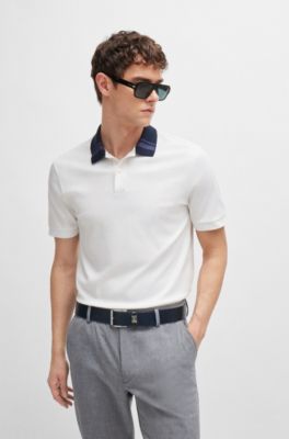 Polo slim fit de algod&oacute;n mercerizado con rayas en el cuello, Blanco