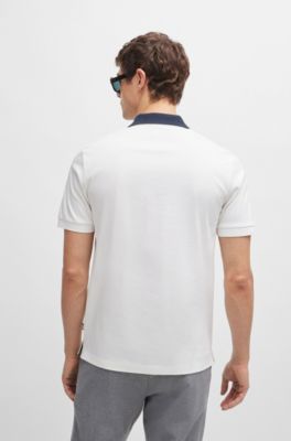 Polo slim fit de algod&oacute;n mercerizado con rayas en el cuello, Blanco