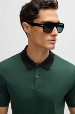 Polo slim fit de algod&oacute;n mercerizado con rayas en el cuello, Cal