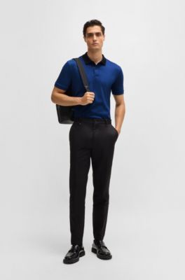 Polo slim fit de algod&oacute;n mercerizado con rayas en el cuello, Celeste