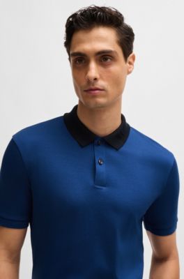 Polo slim fit de algod&oacute;n mercerizado con rayas en el cuello, Celeste