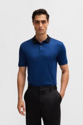 Polo slim fit de algod&oacute;n mercerizado con rayas en el cuello, Celeste