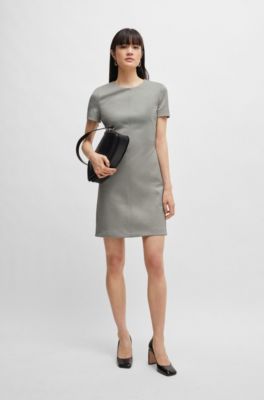 Short-sleeved dress in stretch material with rear zip, Patterned