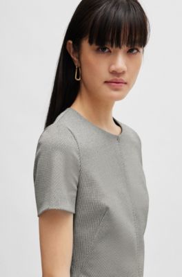 Short-sleeved dress in stretch material with rear zip, Patterned