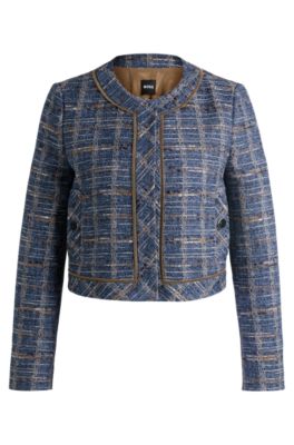 Hugo Boss Regular-fit Jacket In Check Tweed In Blue