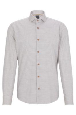 Shop Hugo Boss Casual-fit Shirt In Structured Cotton With Spread Collar In Beige