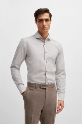 Camisa casual fit en algod&oacute;n estructurado con cuello italiano, Beige