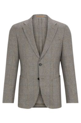 Hugo Boss Slim-fit Jacket In Checked Silk And Wool In Light Green