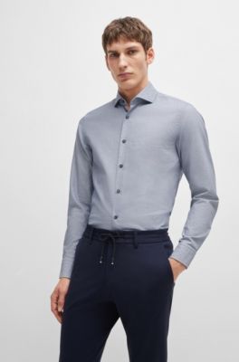 Camisa casual fit en algod&oacute;n estructurado con cuello italiano, Celeste