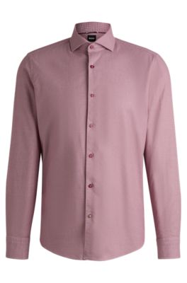 Shop Hugo Boss Casual-fit Shirt In Structured Cotton With Spread Collar In Dark Red