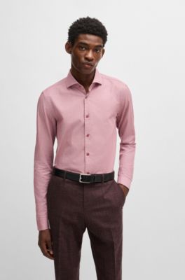 Casual-fit shirt in structured cotton with spread collar, Dark Red
