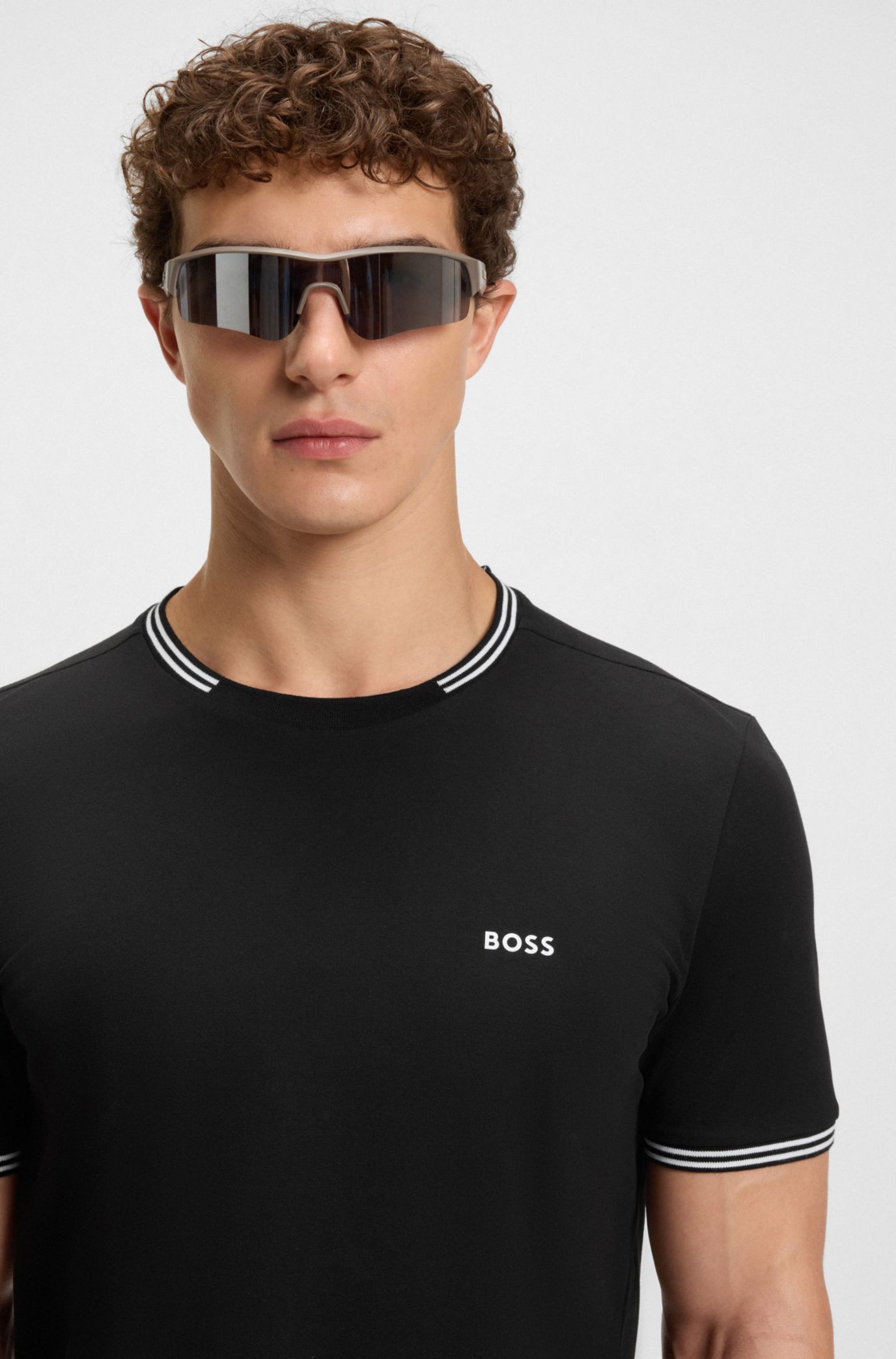 BOSS - Stretch-cotton T-shirt with stripes and logo - Black