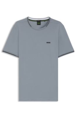 Stretch-cotton T-shirt with stripes and logo, Dark Grey