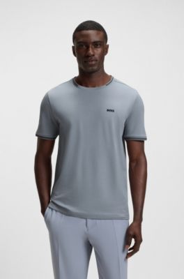 Stretch-cotton T-shirt with stripes and logo, Dark Grey