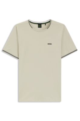 Stretch-cotton T-shirt with stripes and logo, Light Beige
