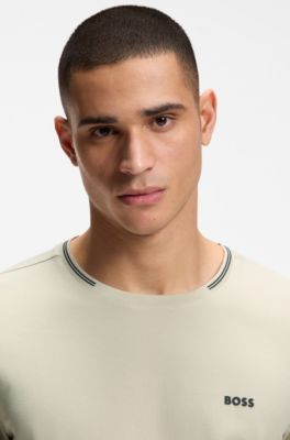 Stretch-cotton T-shirt with stripes and logo, Light Beige