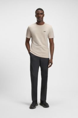 Stretch-cotton T-shirt with stripes and logo, Light Beige