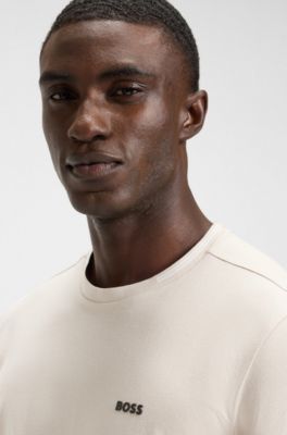 Stretch-cotton T-shirt with stripes and logo, Light Beige