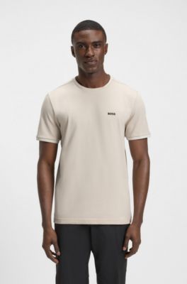 Camiseta de algod&oacute;n el&aacute;stico con rayas y logotipo, Beige claro