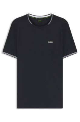 Stretch-cotton T-shirt with stripes and logo, Dark Blue