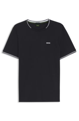 Stretch-cotton T-shirt with stripes and logo, Dark Blue