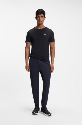 Stretch-cotton T-shirt with stripes and logo, Dark Blue