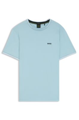 Stretch-cotton T-shirt with stripes and logo, Light Blue