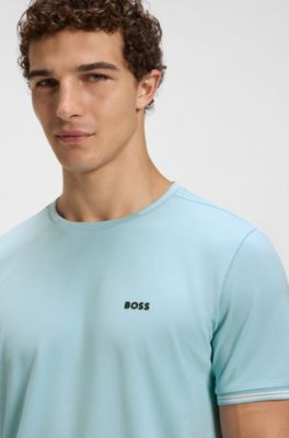 Stretch-cotton T-shirt with stripes and logo, Light Blue