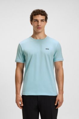 Camiseta de algod&oacute;n el&aacute;stico con rayas y logotipo, Celeste