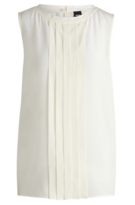 Shop Hugo Boss Pleat-front Sleeveless Blouse In Washed Silk In White