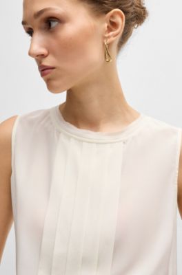 Pleat-front sleeveless blouse in washed silk, White