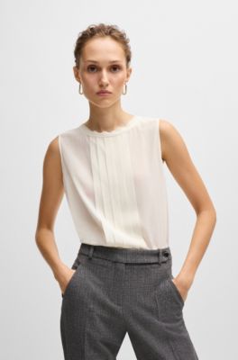 Pleat-front sleeveless blouse in washed silk, White