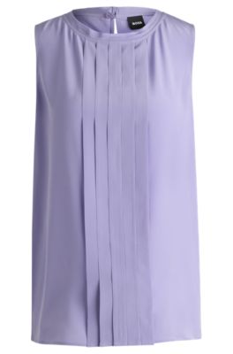 Shop Hugo Boss Pleat-front Sleeveless Blouse In Washed Silk In Purple