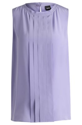 Hugo Boss Pleat-front Sleeveless Blouse In Washed Silk In Purple