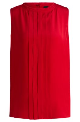 Hugo Boss Pleat-front Sleeveless Blouse In Washed Silk In Red