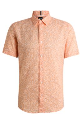 Shop Hugo Boss Slim-fit Shirt In Printed Stretch-linen Chambray In Orange