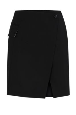 Shop Hugo Boss Wrap-front Skirt In Virgin Wool With Pocket Detail In Black
