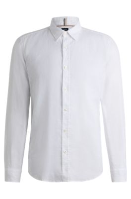 Camisa slim fit en cambray de lino el&aacute;stico, Blanco