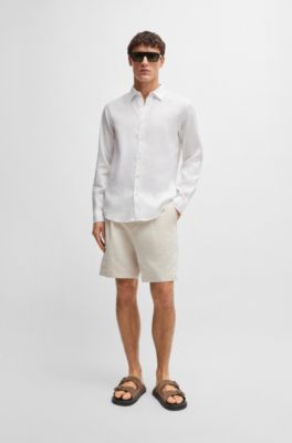 Camisa slim fit en cambray de lino el&aacute;stico, Blanco