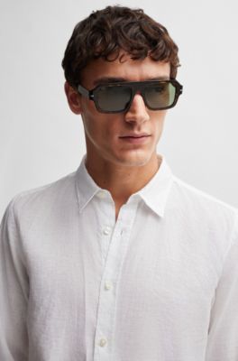 Camisa slim fit en cambray de lino el&aacute;stico, Blanco