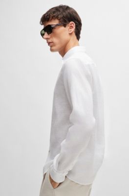Camisa slim fit en cambray de lino el&aacute;stico, Blanco