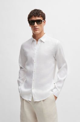 Camisa slim fit en cambray de lino el&aacute;stico, Blanco