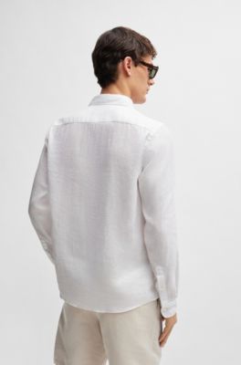 Camisa slim fit en cambray de lino el&aacute;stico, Blanco