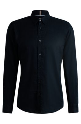 Camisa slim fit en cambray de lino el&aacute;stico, Azul oscuro