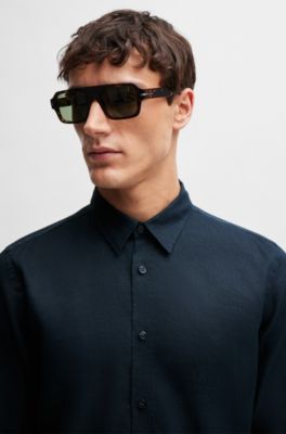 Camisa slim fit en cambray de lino el&aacute;stico, Azul oscuro