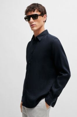 Camisa slim fit en cambray de lino el&aacute;stico, Azul oscuro